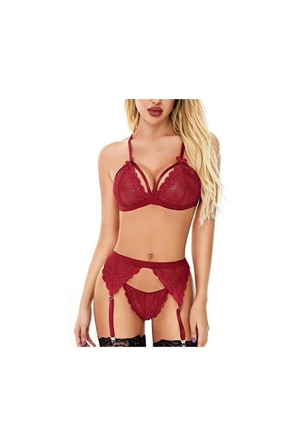 Jolikley Nuisette sexy en dentelle pour femme avec décolleté en V profond, A02269-rouge, L