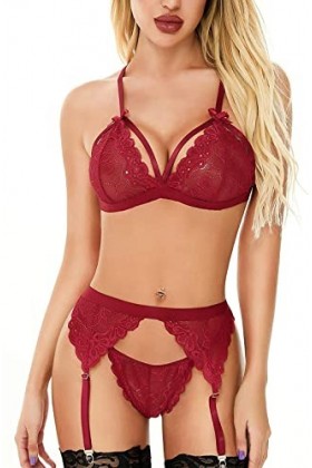 Jolikley Nuisette sexy en dentelle pour femme avec décolleté en V profond, A02269-rouge, L