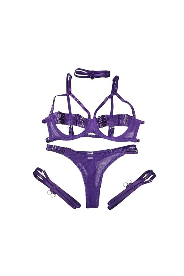 EnTyze Femmes 4 pièces Lingerie Sexy Dentelle Body Chemise de Nuit Femmes Lingerie Sexy Color : Purple, Size : S 