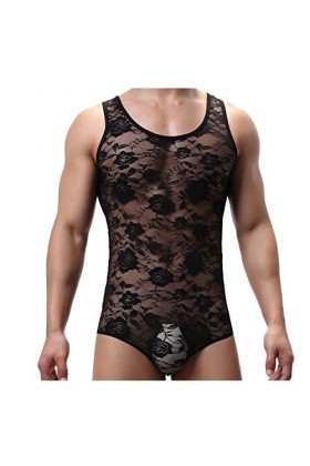 SDGTMYJSY Homme Suspensoir Jockstrap String Lingerie Sexy pour Hommes Voir À Travers Le Body Skinny Dentelle Transparente Mot