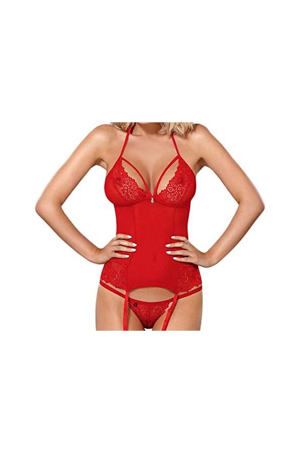 Selente Love & Fun Ensemble de lingerie séduisante 3 pièces pour femme en corsage avec jarretelles et bandeau en satin fabriq