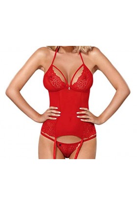 Selente Love & Fun Ensemble de lingerie séduisante 3 pièces pour femme en corsage avec jarretelles et bandeau en satin fabriq