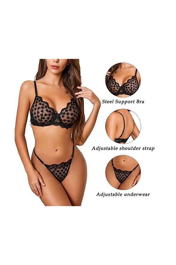 ADSEXY Lingerie Sexy Femme Coquine Dentelle Col en V Motif Broderie Lingerie Femme Sexy Bretelles réglables Soutiens-Gorge et