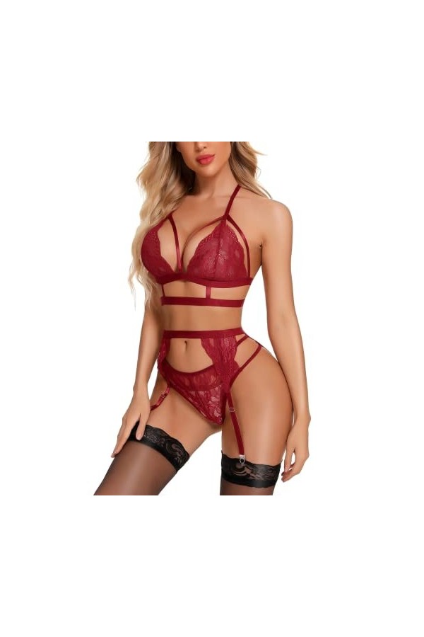 RSLOVE Lingerie Sexy pour Femme Soutien-Gorge et Culotte 3 Pièces en Dentelle avec Porte-Jarretelle Vin Rouge XL