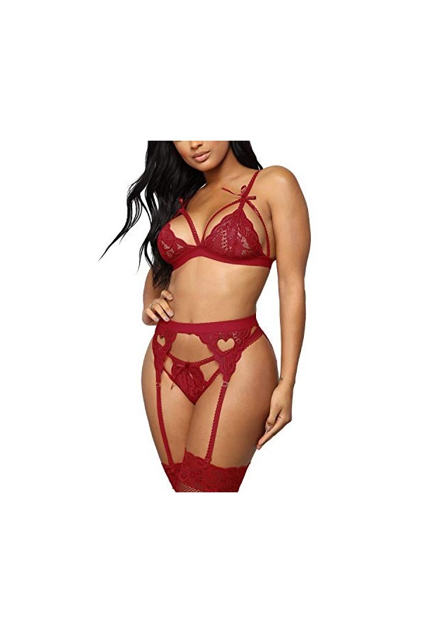 Evelife - Ensemble de lingerie en dentelle pour femme avec porte-jarretelles - 3 pièces, soutien-gorge et culotte en dentelle
