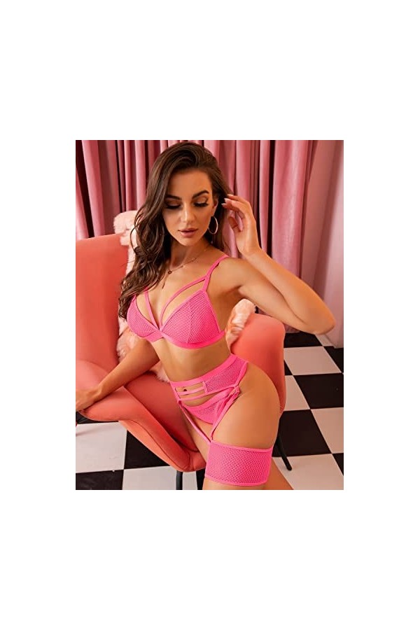 Ensemble de Lingerie Sexy en Dentelle pour Femme - Soutien-Gorge en résille et Culotte Taille Haute - sous-vêtements en Maill