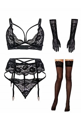 Ensemble de lingerie sexy pour femme avec bas et gants, soutien-gorge et culotte pour femme, rose, S