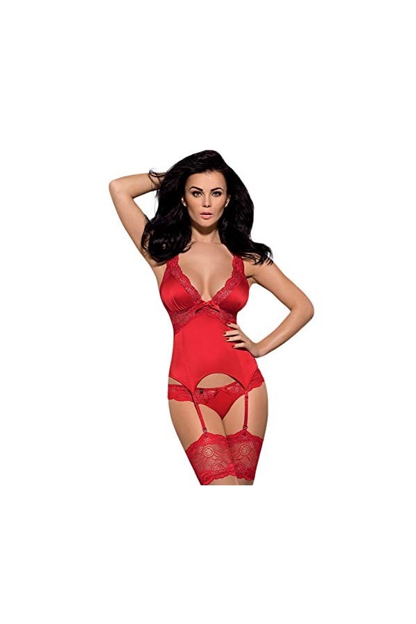Obsessive ensemble de lingerie 2 pièces: guêpière ou corset avec string dans un coffret cadeau, rouge dentelle, L-XL