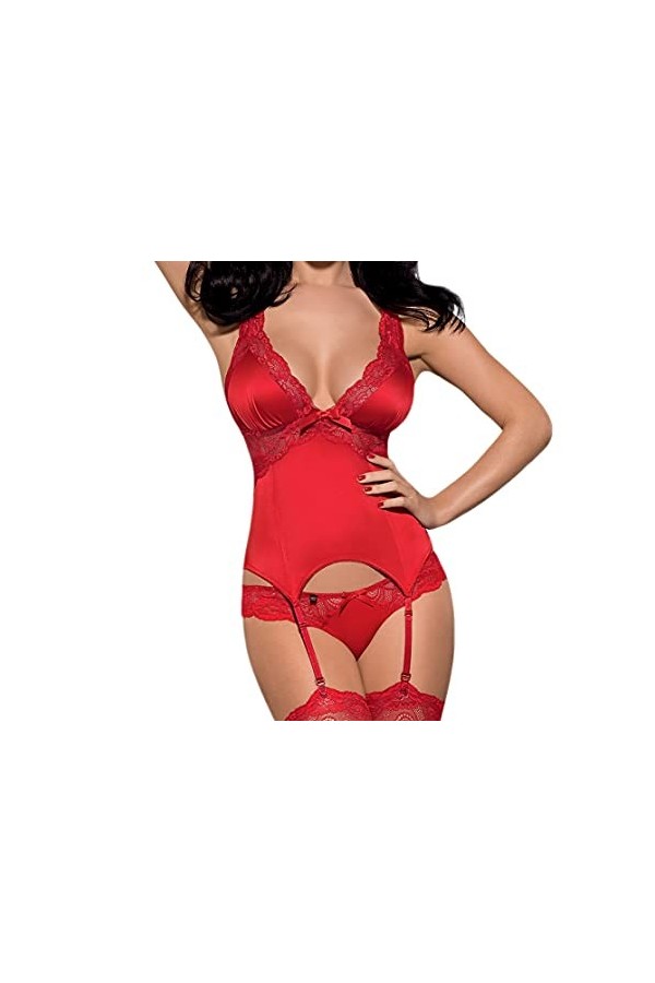 Obsessive ensemble de lingerie 2 pièces: guêpière ou corset avec string dans un coffret cadeau, rouge dentelle, L-XL