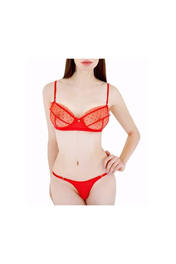 Sodacoda Ensemble de Lingerie Sexy pour Femme - Soutien-Gorge Ouvert Délicat et Mini String Ludique Rouge L 