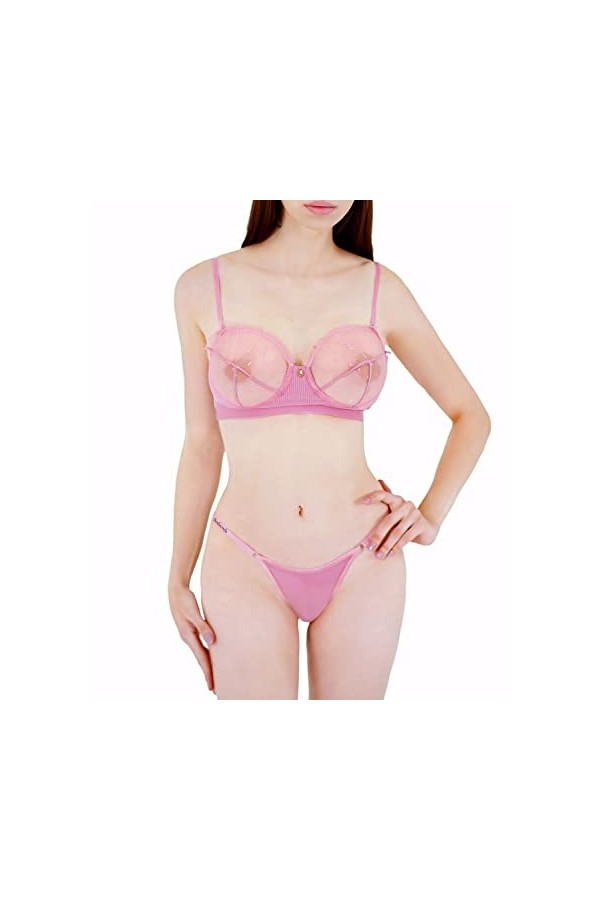 Sodacoda Ensemble de Lingerie Sexy pour Femme - Soutien-Gorge Ouvert Délicat et Mini String Ludique Rouge L 