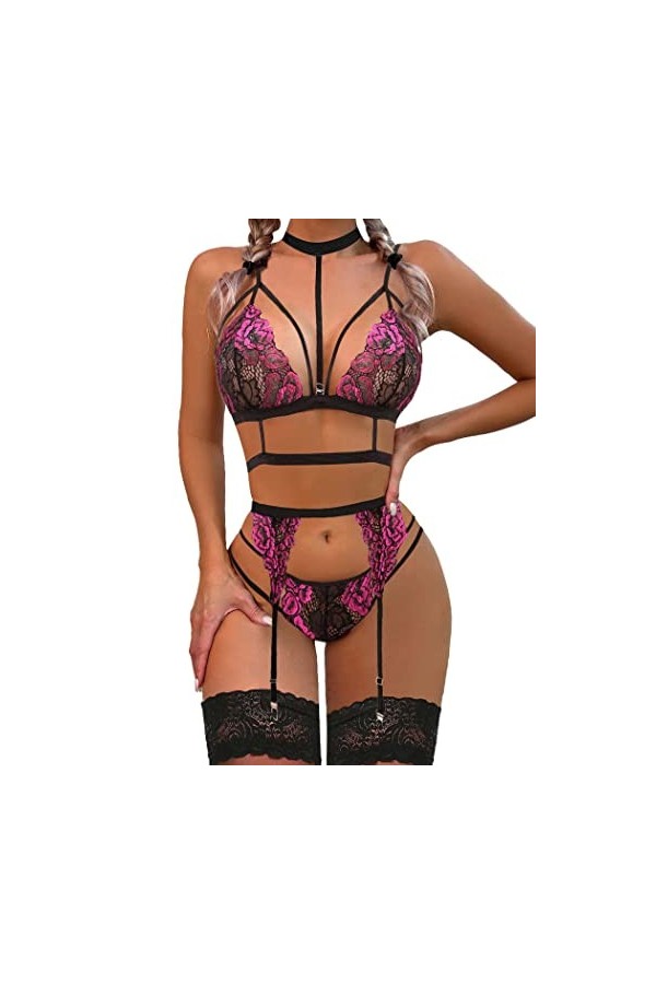 Avidlove Ensemble de lingerie porte-jarretelles en dentelle avec ras du cou amovible Nuisette à bretelles et culotte sans ba