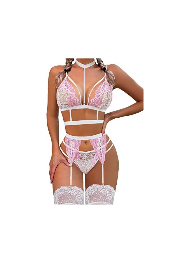 Avidlove Ensemble de lingerie porte-jarretelles en dentelle avec ras du cou amovible Nuisette à bretelles et culotte sans ba