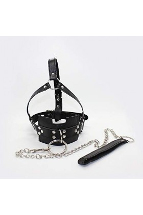 Accessoires de costume de bal de jouet de bouche de collier de remorquage en cuir noir avec la chaîne de traînée en métal