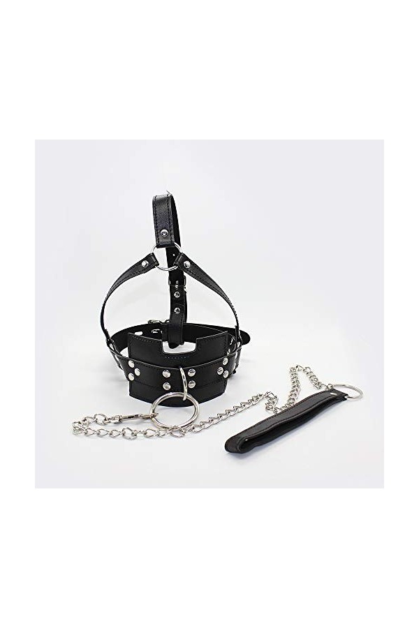 Accessoires de costume de bal de jouet de bouche de collier de remorquage en cuir noir avec la chaîne de traînée en métal