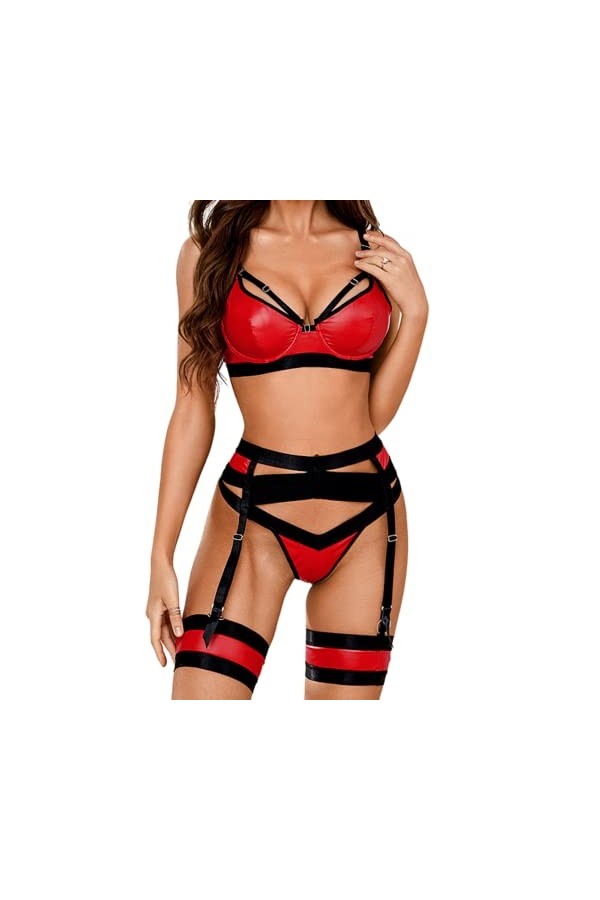 Kaei&Shi Lingerie porte-jarretelles pour femme, lingerie sexy en dentelle, ensemble de lingerie 4 pièces, cuir rouge, 40