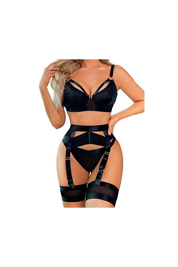 Kaei&Shi Lingerie porte-jarretelles pour femme, lingerie sexy en dentelle, ensemble de lingerie 4 pièces, cuir rouge, 40