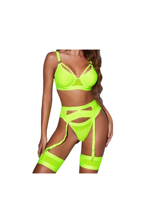 Kaei&Shi Lingerie porte-jarretelles pour femme, lingerie sexy en dentelle, ensemble de lingerie 4 pièces, cuir rouge, 40