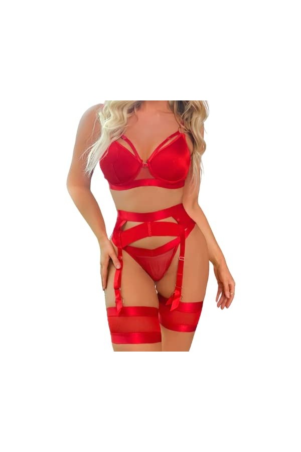 Kaei&Shi Lingerie porte-jarretelles pour femme, lingerie sexy en dentelle, ensemble de lingerie 4 pièces, cuir rouge, 40