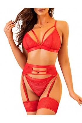 Ensemble de Lingerie Sexy en Dentelle pour Femme - Soutien-Gorge en résille et Culotte Taille Haute - sous-vêtements en Maill