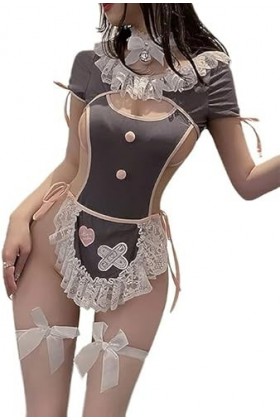 SNOMYRS Tenue de Maid Anime Cosplay Costume Japonais Mignon Tablier Fancy Kawaii Lace Up Une Pièce Lingerie Bodysuit Gris, Gr