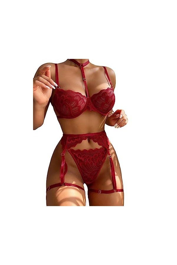 Lilosy Ensemble de lingerie sexy avec soutien-gorge et culotte 3 pièces en dentelle florale, Rouge, Small