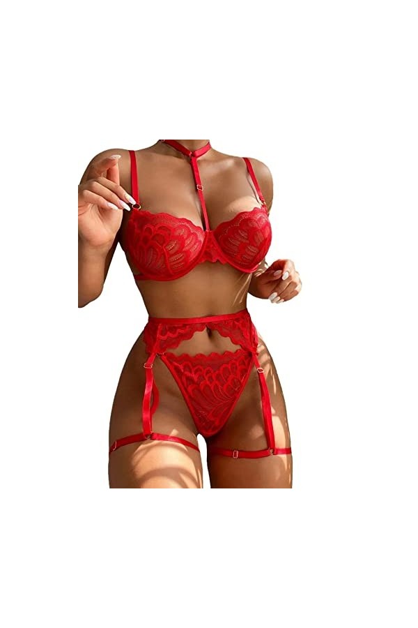 Lilosy Ensemble de lingerie sexy avec soutien-gorge et culotte 3 pièces en dentelle florale, Rouge, Small