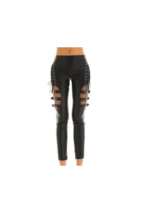 Ensemble Sexy Femme Érotique Pantalon À Lacets sur Les Cuisses avec Épissure en Maille, Noir, XL