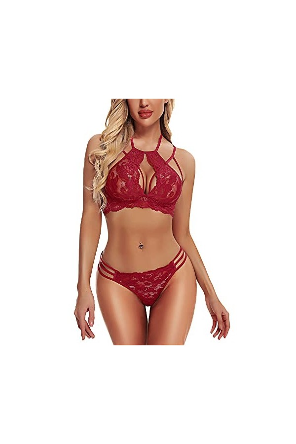 RSLOVE Lingerie Sexy pour Femmes Nuisette en Dentelle Ensemble Soutien-Gorge et Culotte Sexy 2 Pièces Vin Rouge S
