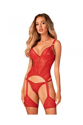 Selente Love & Fun Ensemble coquin à 3 pièces: guêpière, string et Bandeau pour Les Yeux en Satin, rouge armatures, S-M