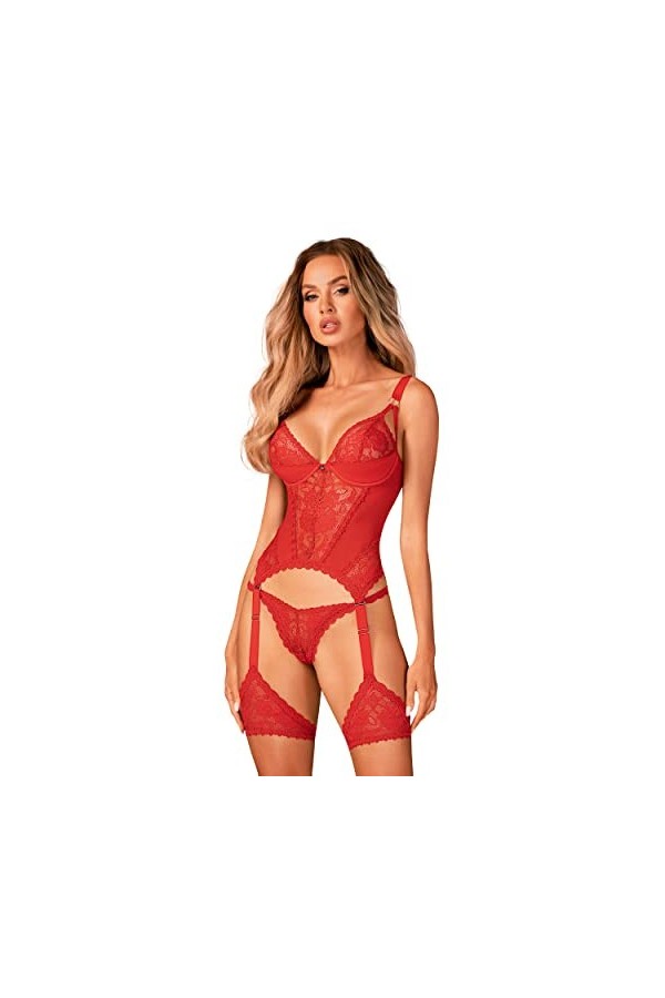 Selente Love & Fun Ensemble coquin à 3 pièces: guêpière, string et Bandeau pour Les Yeux en Satin, rouge armatures, S-M