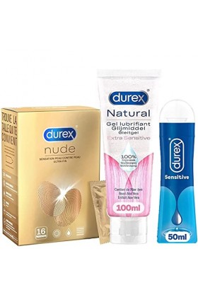 Durex - Lot de 16 Préservatifs Nude Sensation Peau Contre Peau, dun Gel Sensitive de 50 ml et dun Gel Naturel Extra Sensiti