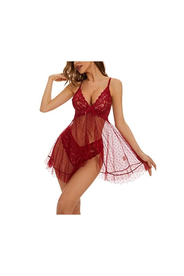 Sykooria Femmes Ensemble de Lingerie Erothique Sexy Dentelle Ensemble sous-Vêtement Nuisette String Femme V Col Sensuelle 2 p