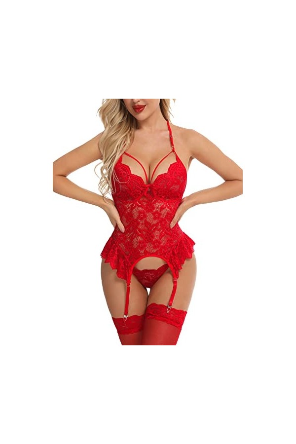 EVELIFE Femme Ensemble de Lingerie Sexy Body Dentelle Lingerie avec Jarretière sous-Vêtement et G-String Rouge Vif M 