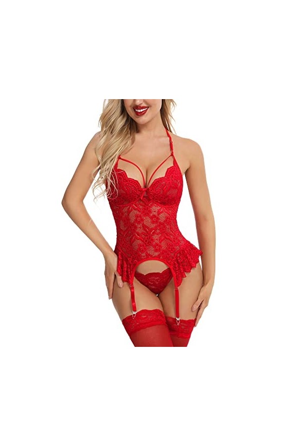 EVELIFE Femme Ensemble de Lingerie Sexy Body Dentelle Lingerie avec Jarretière sous-Vêtement et G-String Rouge Vif M 
