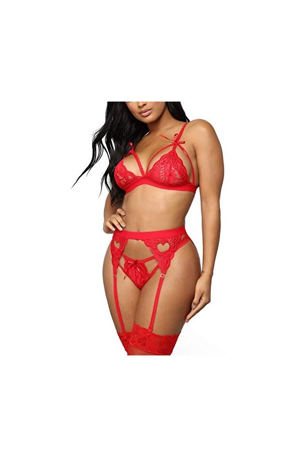EVELIFE Femme Ensemble Lingerie Dentelle Brassière Jarretière Sexy Porte Jarretelles Soutiens-Gorge et G-String Red M