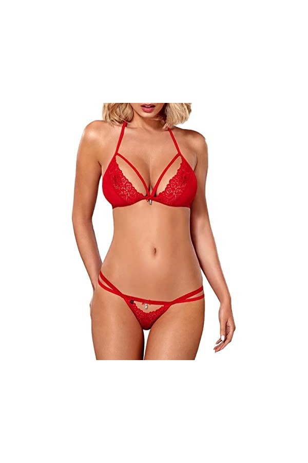 Obsessive 838-Set-3 Ensemble Lingerie Femme Soutien-Gorge String Rouge L/XL