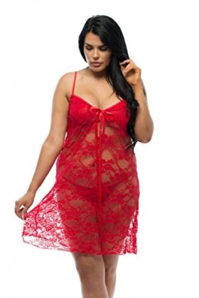Perfect4U Ensemble nuisette en dentelle noire grande taille et string assorti, Rouge, 56