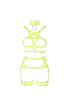 Ensemble harnais de corps pour femme avec soutien-gorge pentagramme porte-jarretelles punk gothique carnaval Halloween élasti