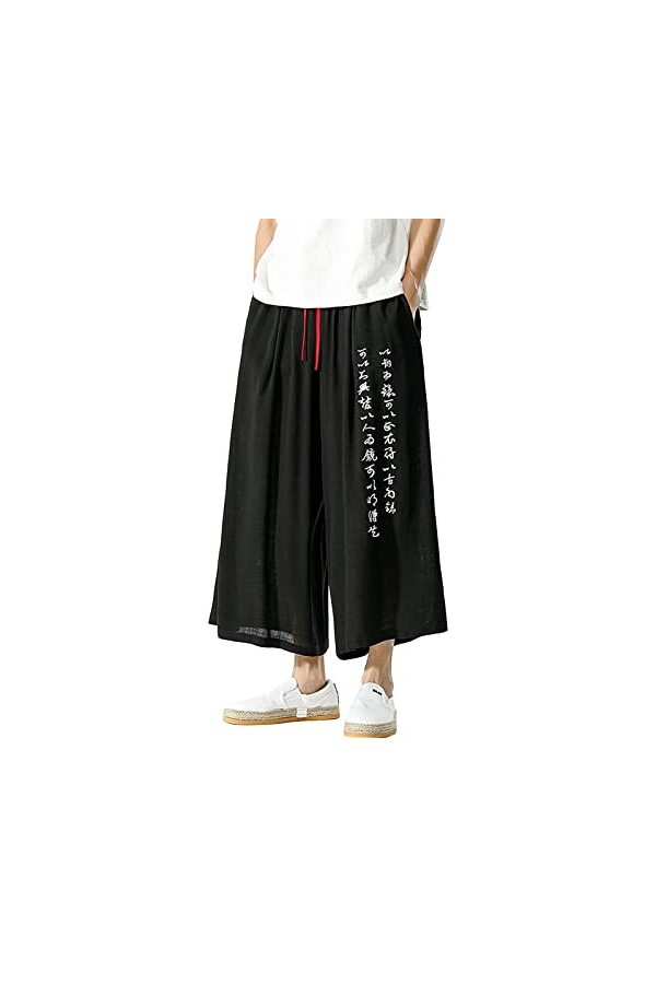 Pantalon kimono pour homme japonais - Noir - Élégant - Couleur collision - Style campagnard - Style décontracté - En soie gla