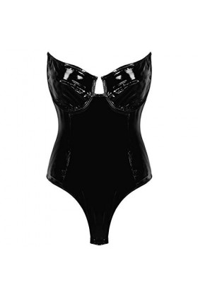 KRIDDR Catsuit femme Wetlook Sexy en cuir verni Lingerie sans manches Teddy justaucorps