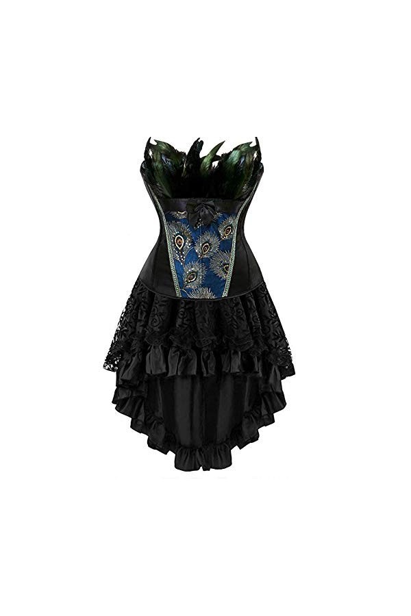 Josamogre Corset Femme Sexy Bustier Robe Jupe Élégantes Plume De Paon Gothique Dentelle Costume Halloweenn Noir 2xl
