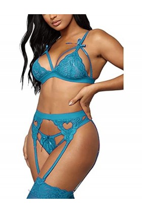EVELIFE Femme Ensemble Lingerie Dentelle Brassière Jarretière Sexy Porte Jarretelles Soutiens-Gorge et G-String Bleu Clair, X