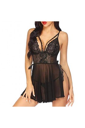Barkoiesy Lingerie Erothique Sexy Ouverte Deep V Ensemble de sous-vêtements Creux Sexy en Dentelle Lingerie Transparent Nuise
