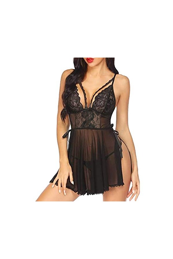 Barkoiesy Lingerie Erothique Sexy Ouverte Deep V Ensemble de sous-vêtements Creux Sexy en Dentelle Lingerie Transparent Nuise