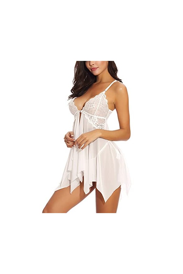 ONGASOFT Ensemble De Lingerie Sexy pour Femme Naughty Front Fermeture Ouvert Col V Babydoll avec String, Blanc XL