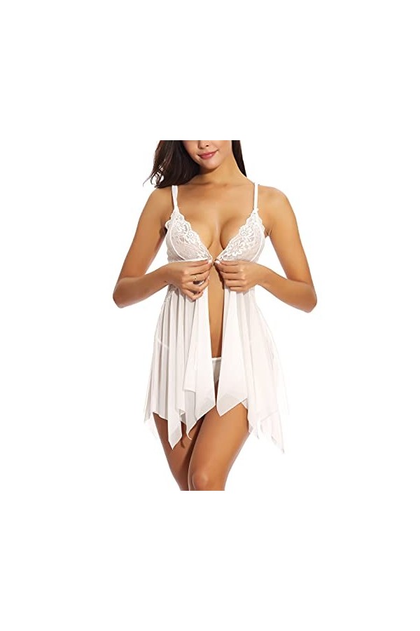 ONGASOFT Ensemble De Lingerie Sexy pour Femme Naughty Front Fermeture Ouvert Col V Babydoll avec String, Blanc XL