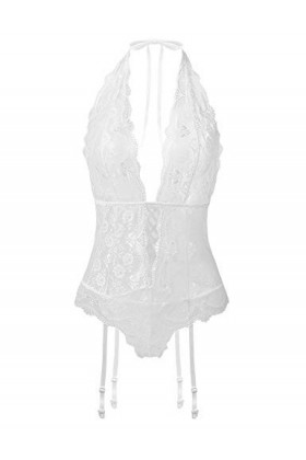 EVELIFE Femme Sexy Col V Profond Lingerie Dentelle Body Transparent Dos Nu sous-vêtements Ensemble de Lingerie avec Jarretièr