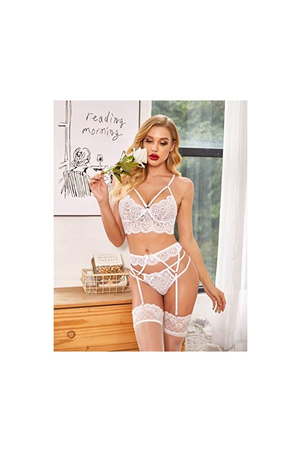 Lucyme Ensemble Lingerie Femme Lingerie Sexy Dentelle Femme sous vêtements Sexy pour Sexy Femme Nuit Sexy Blanc XXL