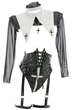 Meowcos Ensemble de lingerie sexy pour femme avec gants, Noir et blanc., M